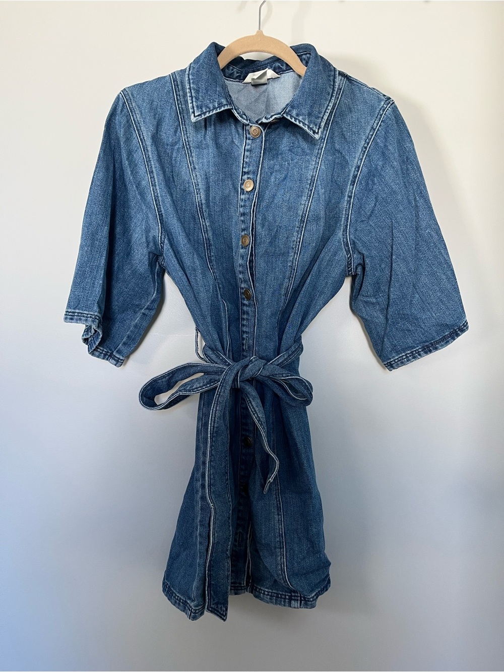 H&M Blue Denim Mini Shirt Dress with Tie Waist